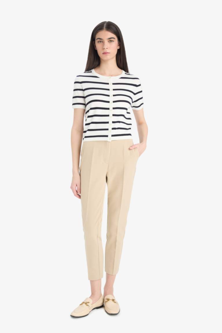 Regular Fit Crew Neck Striped Knit Cardigan