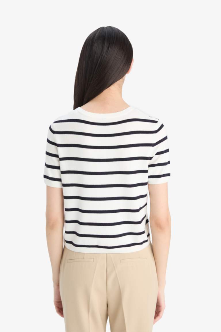 Regular Fit Crew Neck Striped Knit Cardigan