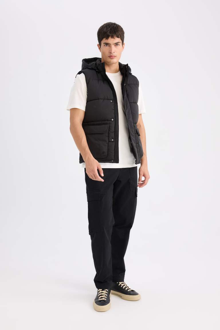 Regular Fit Hooded Zippered Pocket Puffer Vest