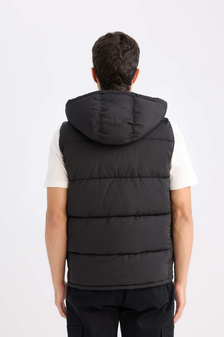 Regular Fit Hooded Zippered Pocket Puffer Vest