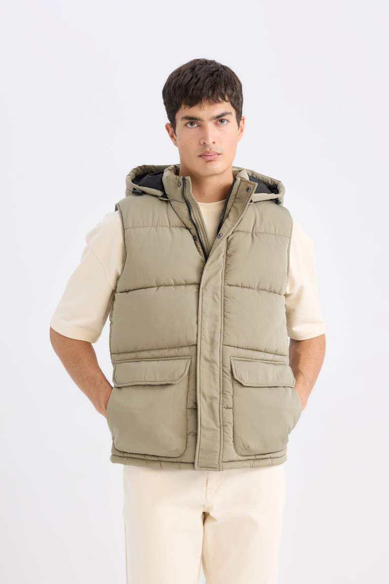 Regular Fit Hooded Zippered Pocket Puffer Vest