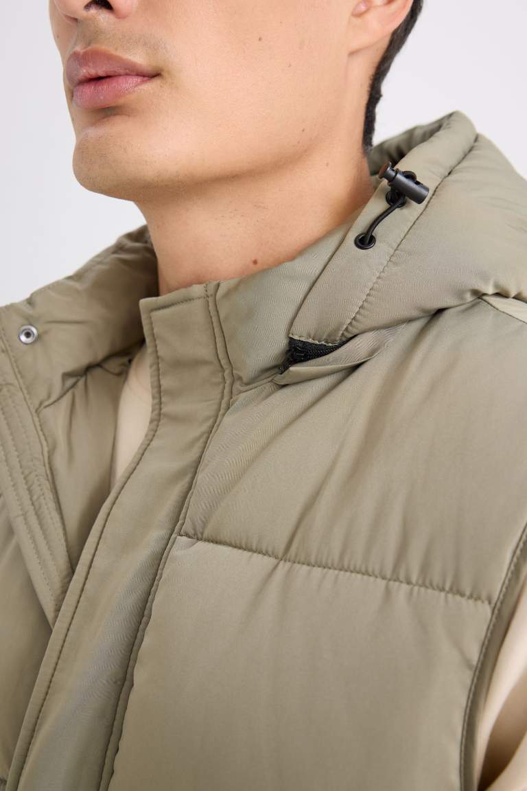 Regular Fit Hooded Zippered Pocket Puffer Vest