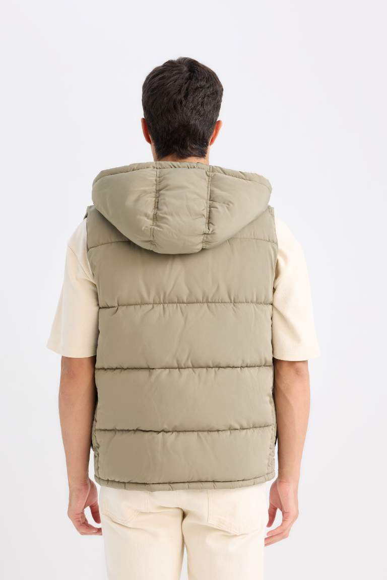 Regular Fit Hooded Zippered Pocket Puffer Vest