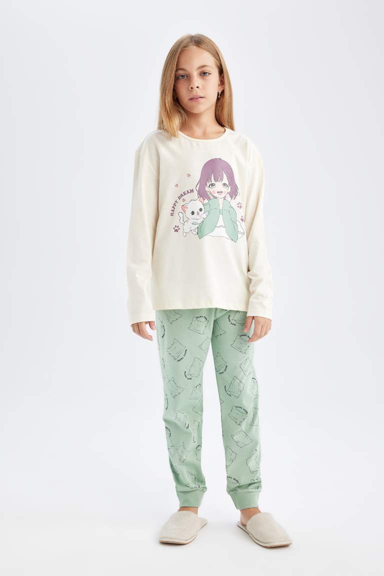 Kız Çocuk Pijama Takımı Baskılı Uzun Kollu Üst Beli Lastikli Uzun Alt