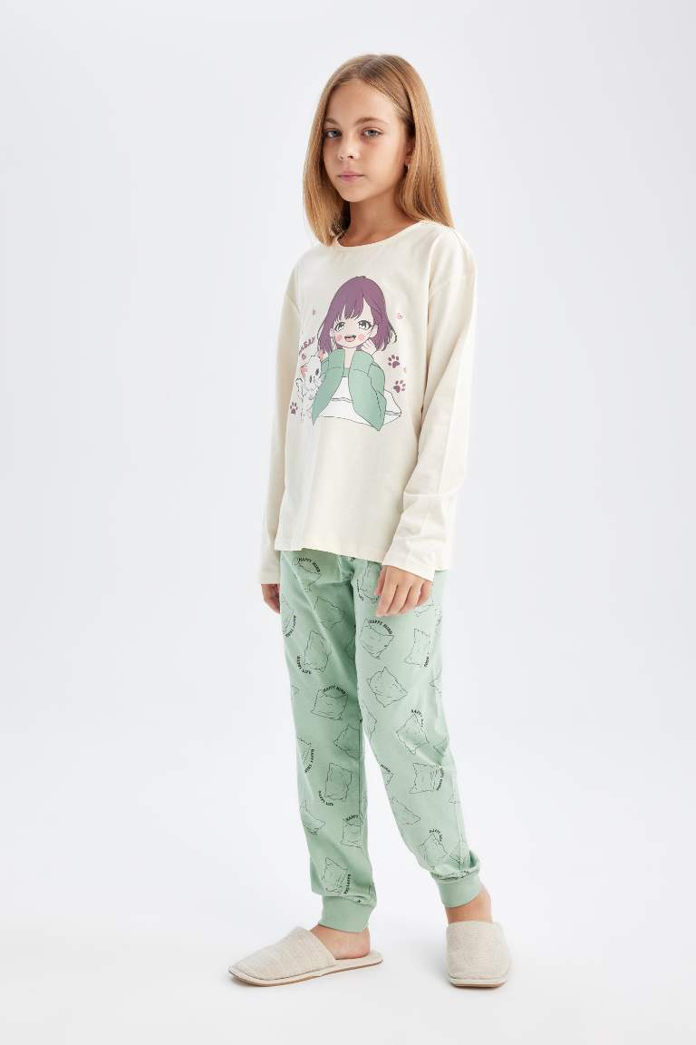 Kız Çocuk Pijama Takımı Baskılı Uzun Kollu Üst Beli Lastikli Uzun Alt