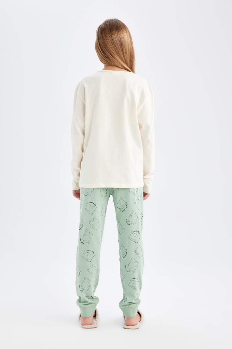Kız Çocuk Pijama Takımı Baskılı Uzun Kollu Üst Beli Lastikli Uzun Alt