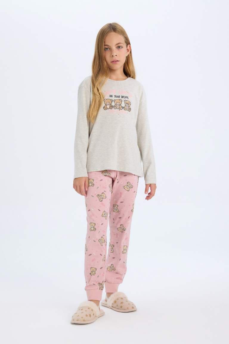 Kız Çocuk Pijama Takımı Ayıcık Baskılı Uzun Kollu Üst Beli Lastikli Uzun Alt