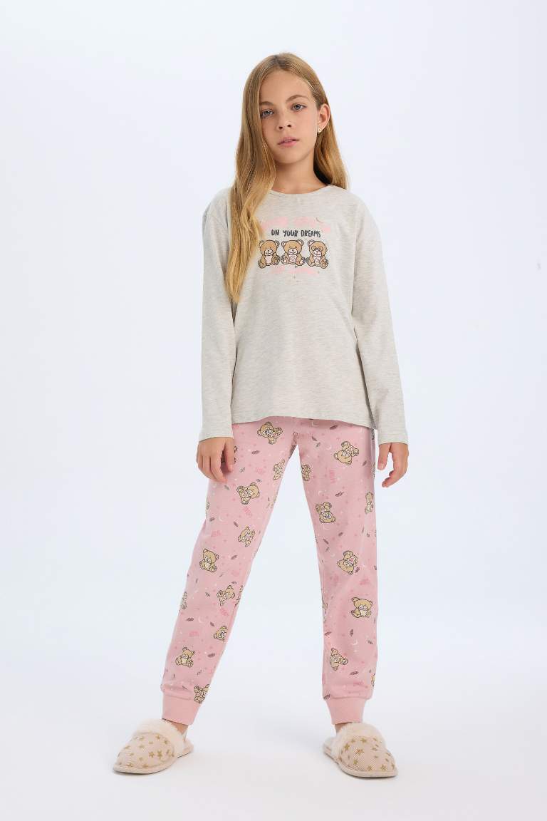 Kız Çocuk Pijama Takımı Ayıcık Baskılı Uzun Kollu Üst Beli Lastikli Uzun Alt