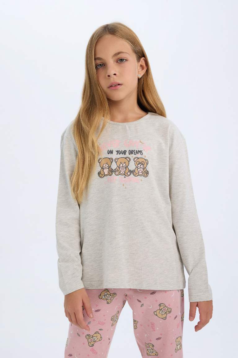 Kız Çocuk Pijama Takımı Ayıcık Baskılı Uzun Kollu Üst Beli Lastikli Uzun Alt