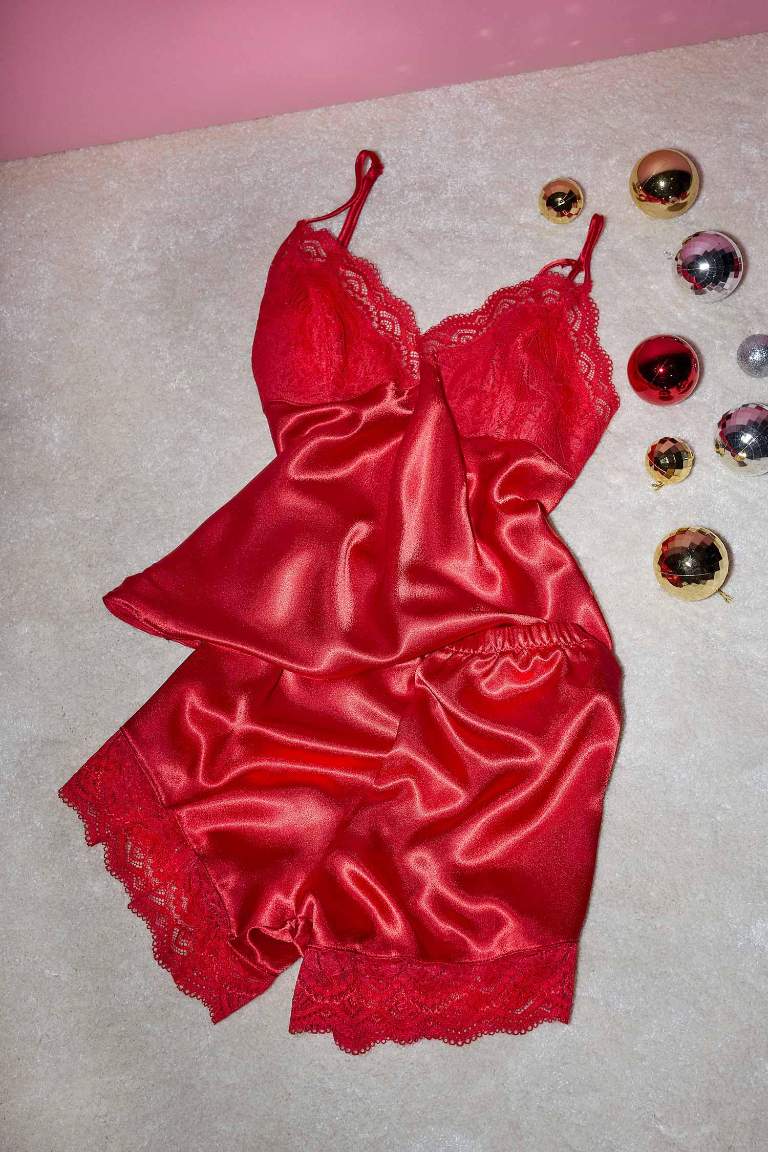 Fall in Love Lace Top Bottom 2 Piece Satin Pajama Set