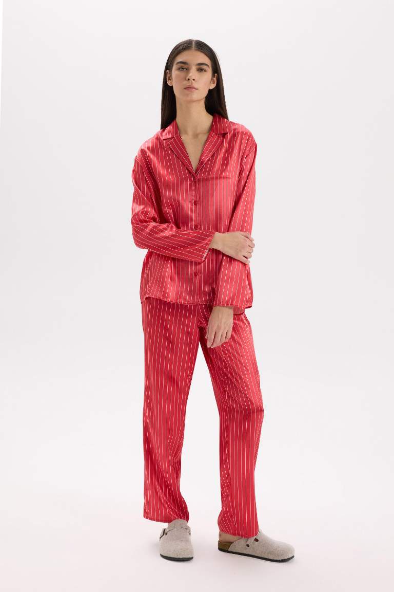 Fall in Love Buttoned Top Bottom 2 Piece Satin Pajama Set