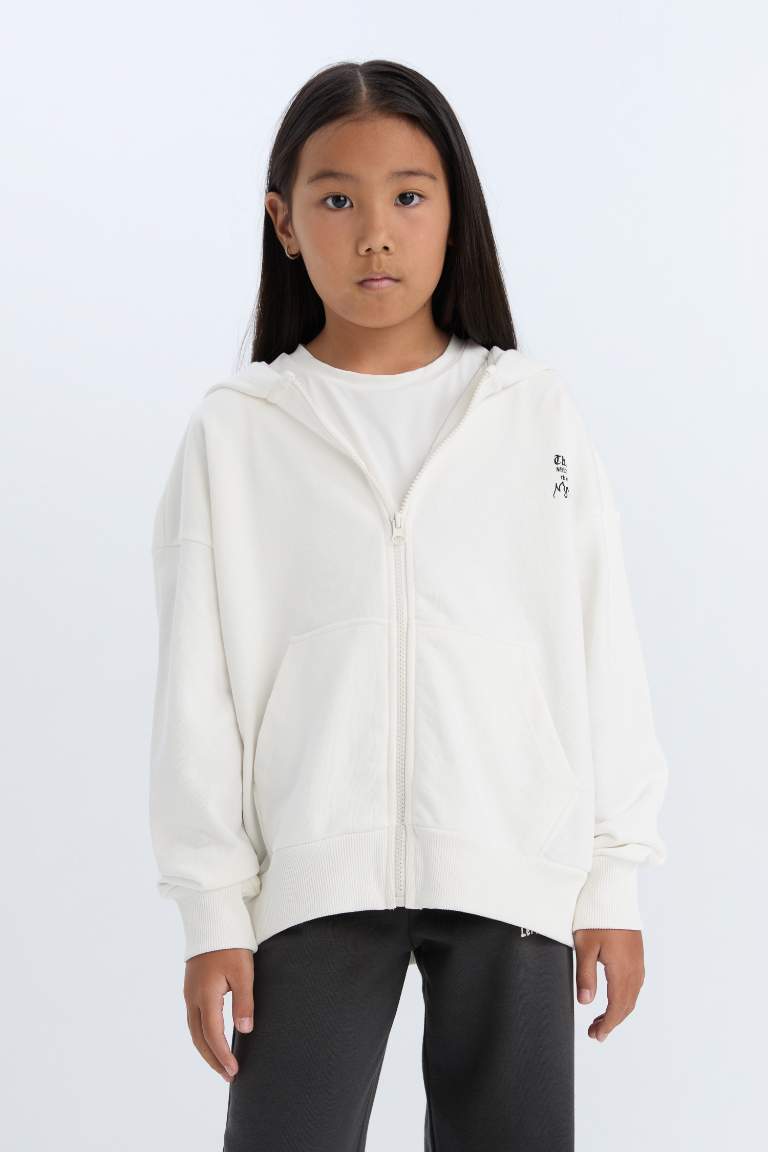 Kız Çocuk Oversize Geniş Kalıp Kapüşonlu Baskılı Fermuarlı Sweatshirt