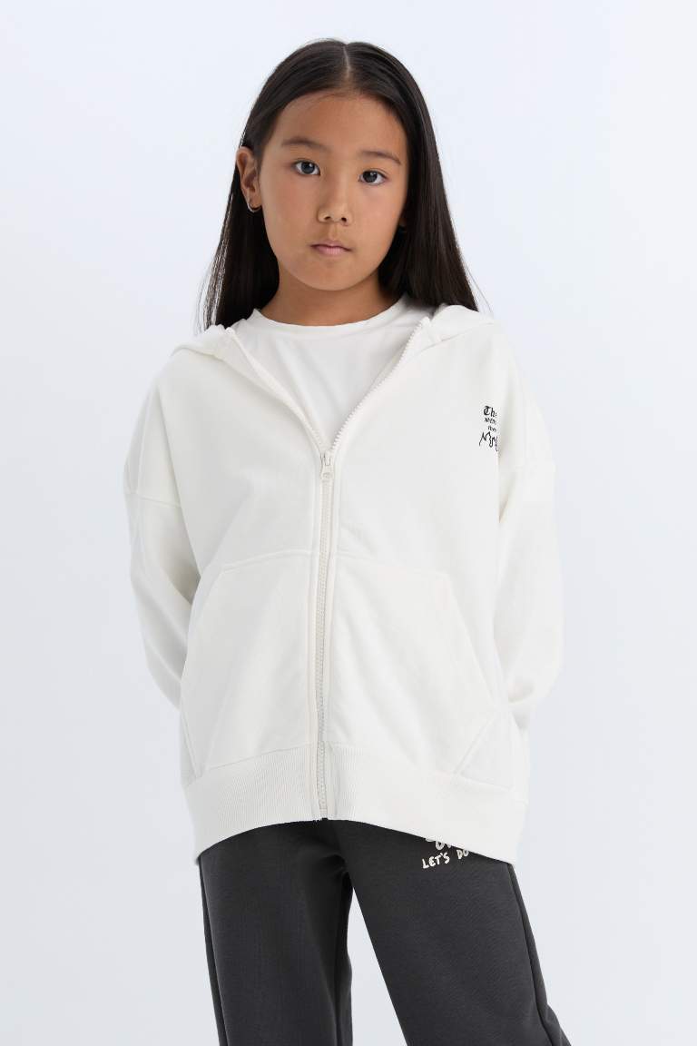 Kız Çocuk Oversize Geniş Kalıp Kapüşonlu Baskılı Fermuarlı Sweatshirt