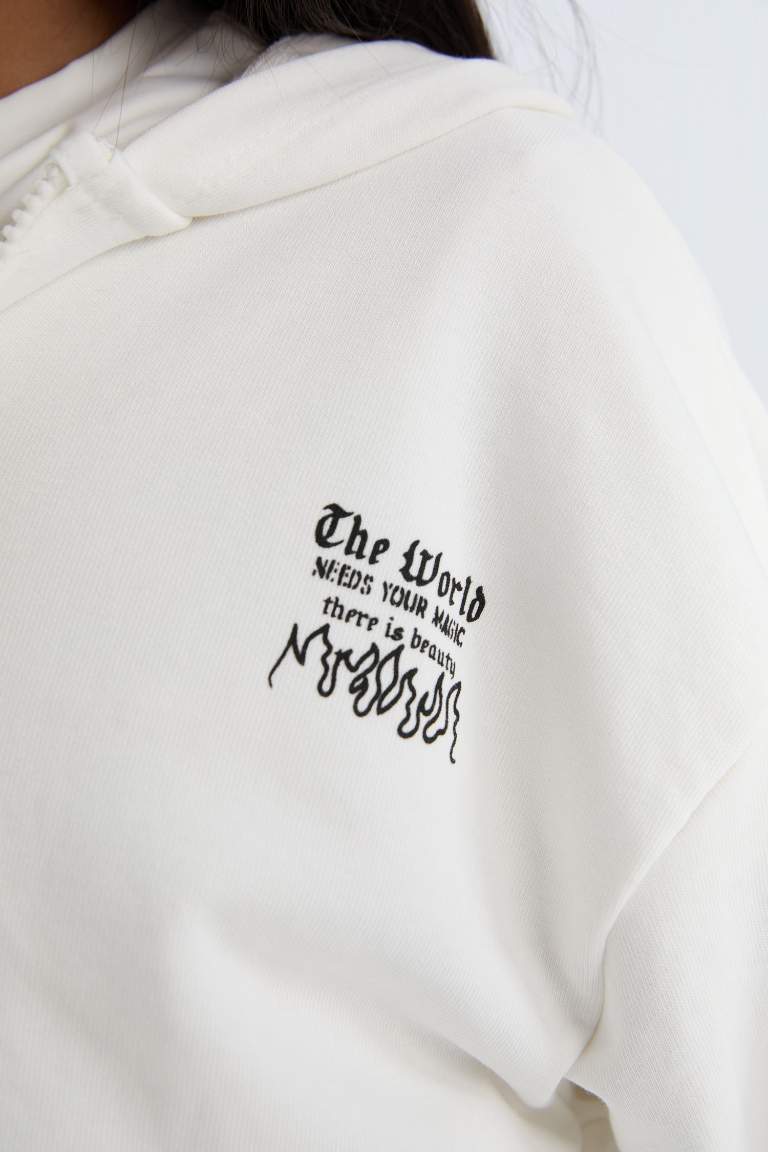 Kız Çocuk Oversize Geniş Kalıp Kapüşonlu Baskılı Fermuarlı Sweatshirt