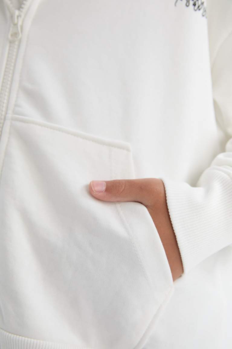 Kız Çocuk Oversize Geniş Kalıp Kapüşonlu Baskılı Fermuarlı Sweatshirt