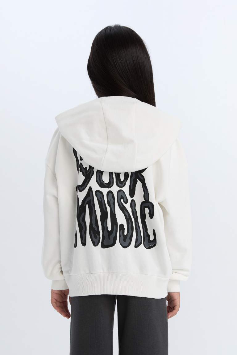 Kız Çocuk Oversize Geniş Kalıp Kapüşonlu Baskılı Fermuarlı Sweatshirt