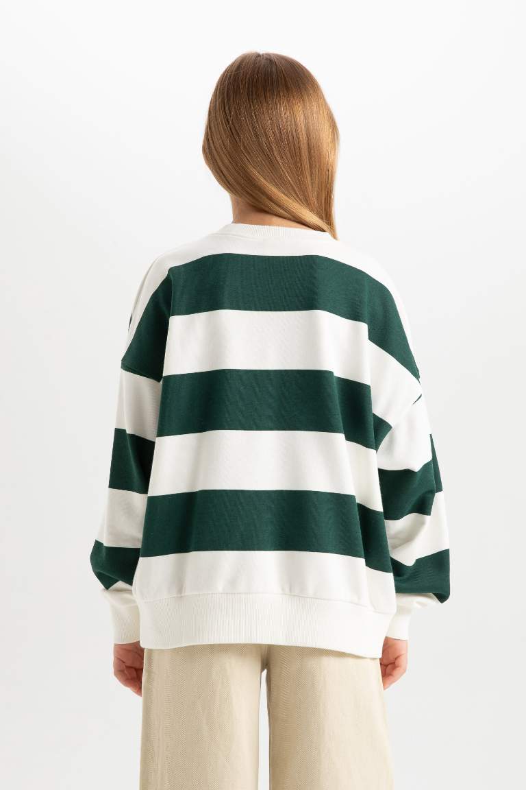 Kız Çocuk Relax Fit Bisiklet Yaka Çizgili Sweatshirt