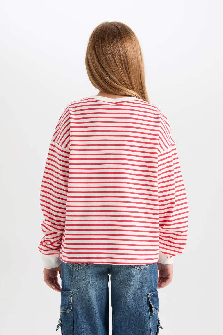 Kız Çocuk Relax Fit Bisiklet Yaka Çizgili Sweatshirt