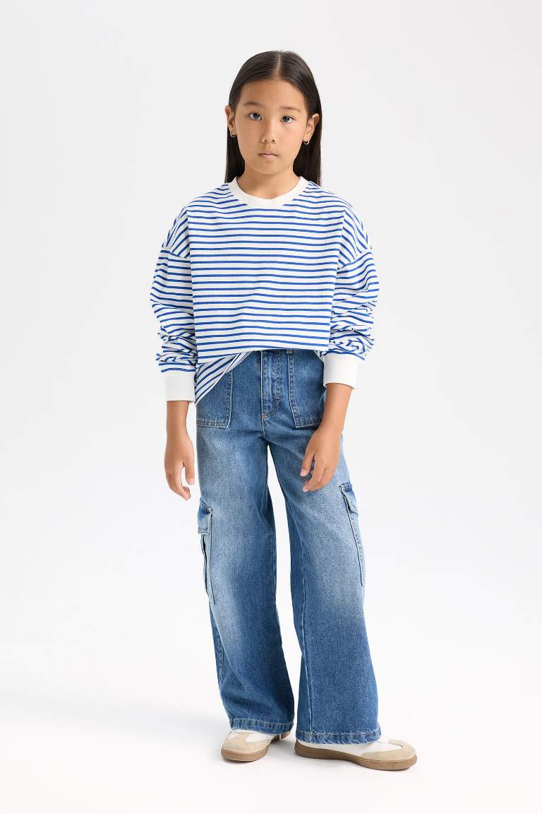 Kız Çocuk Relax Fit Bisiklet Yaka Çizgili Sweatshirt