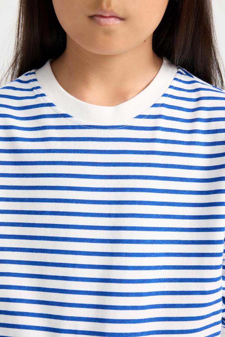 Kız Çocuk Relax Fit Bisiklet Yaka Çizgili Sweatshirt