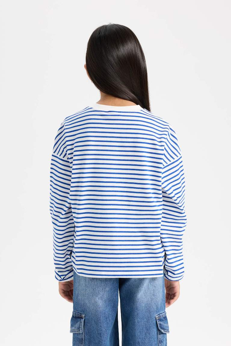 Kız Çocuk Relax Fit Bisiklet Yaka Çizgili Sweatshirt