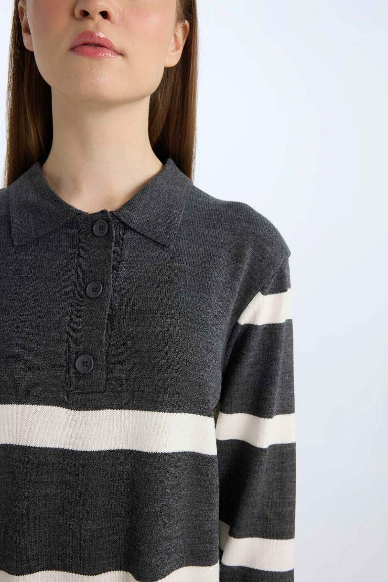Regular Fit Polo Yaka Düğmeli Çizgili Uzun Kollu Maxi Triko Elbise