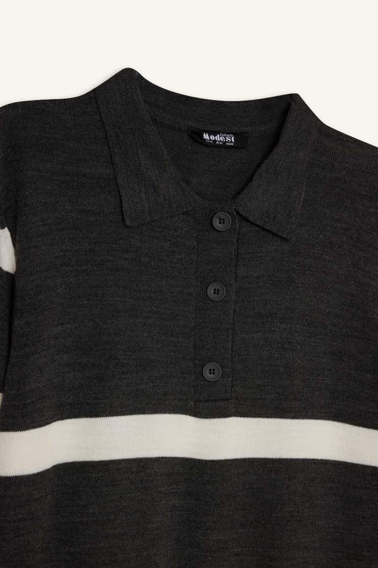Regular Fit Polo Yaka Düğmeli Çizgili Uzun Kollu Maxi Triko Elbise