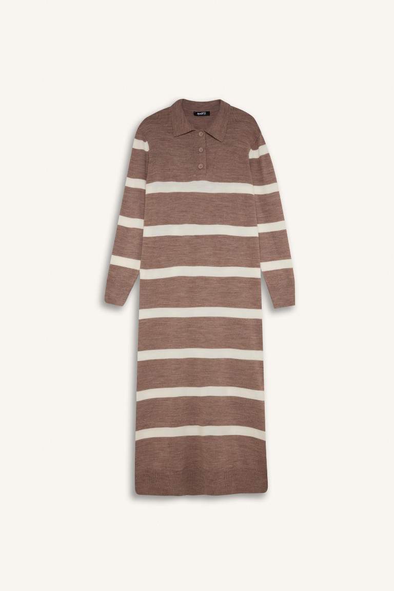 Regular Fit Polo Yaka Düğmeli Çizgili Uzun Kollu Maxi Elbise