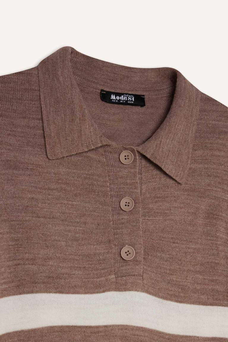 Regular Fit Polo Yaka Düğmeli Çizgili Uzun Kollu Maxi Elbise