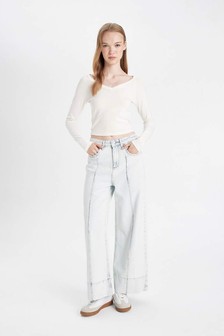 Wide Leg High Waist Ankle Length Washed Jeans