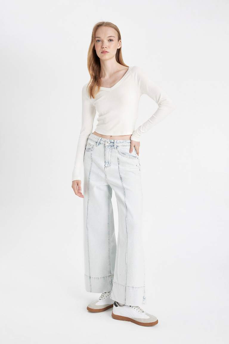 Wide Leg High Waist Ankle Length Washed Jeans