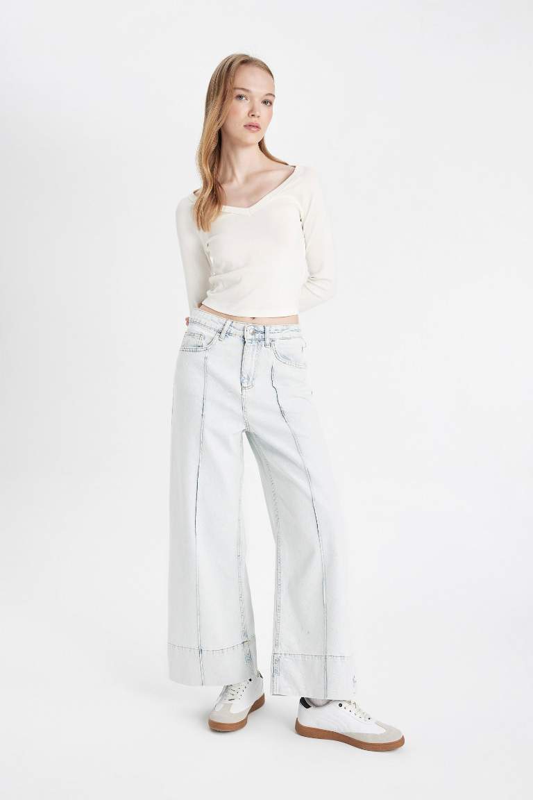 Wide Leg High Waist Ankle Length Washed Jeans