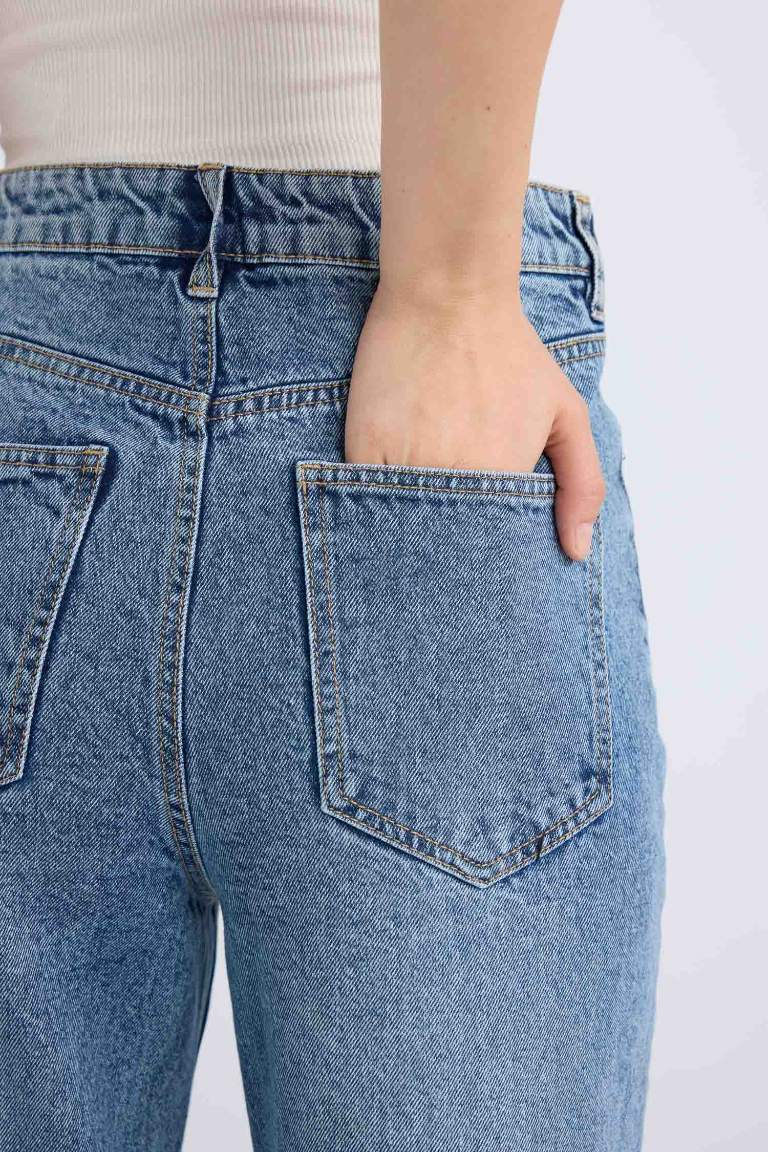 بنطرون جينز كروب برجل واسع وايد ليج وخصر عالي