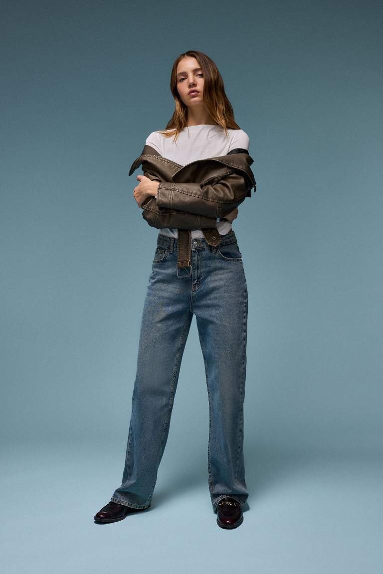 90's Wide Leg High Waist Long Washed Jeans