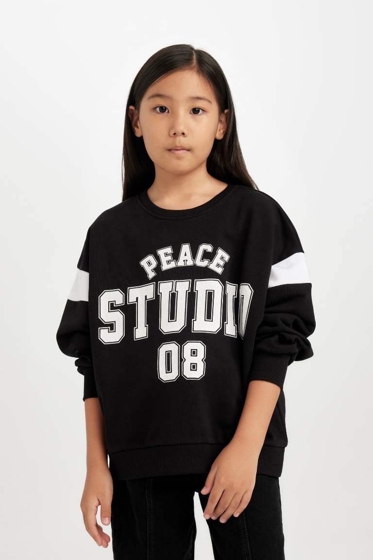 Girl Black Relax Fit Crew Neck Slogan Printed Sweatshirt