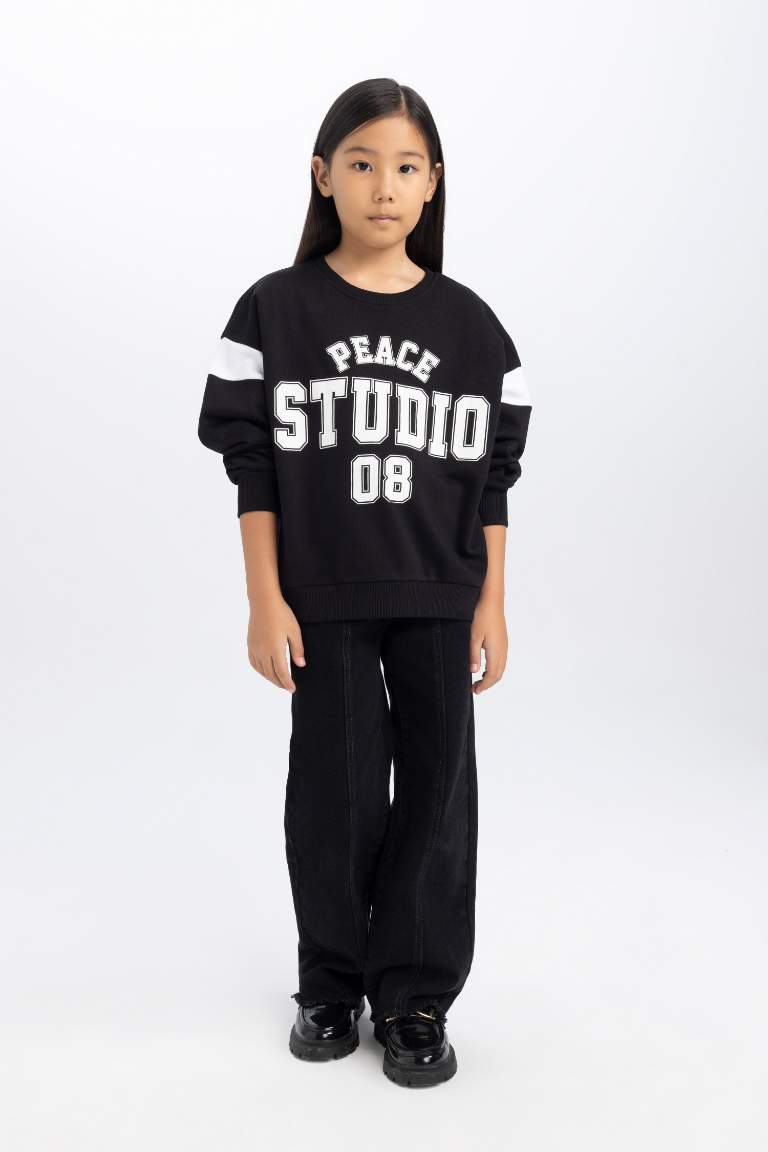 Girl Black Relax Fit Crew Neck Slogan Printed Sweatshirt