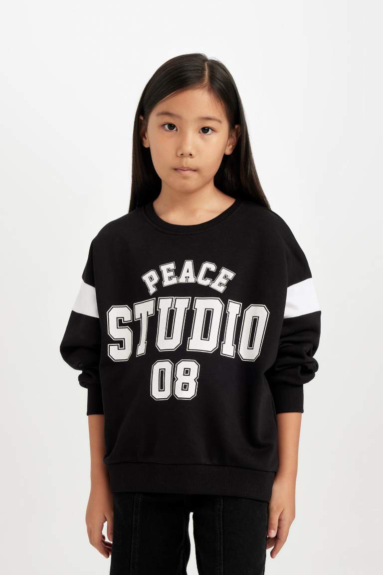 Girl Black Relax Fit Crew Neck Slogan Printed Sweatshirt