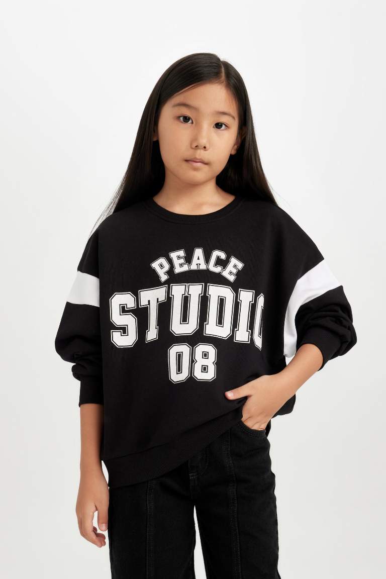 Girl Black Relax Fit Crew Neck Slogan Printed Sweatshirt