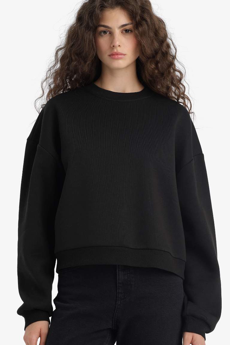 Regular Fit Bisiklet Yaka Kalın Basic Düz Sweatshirt