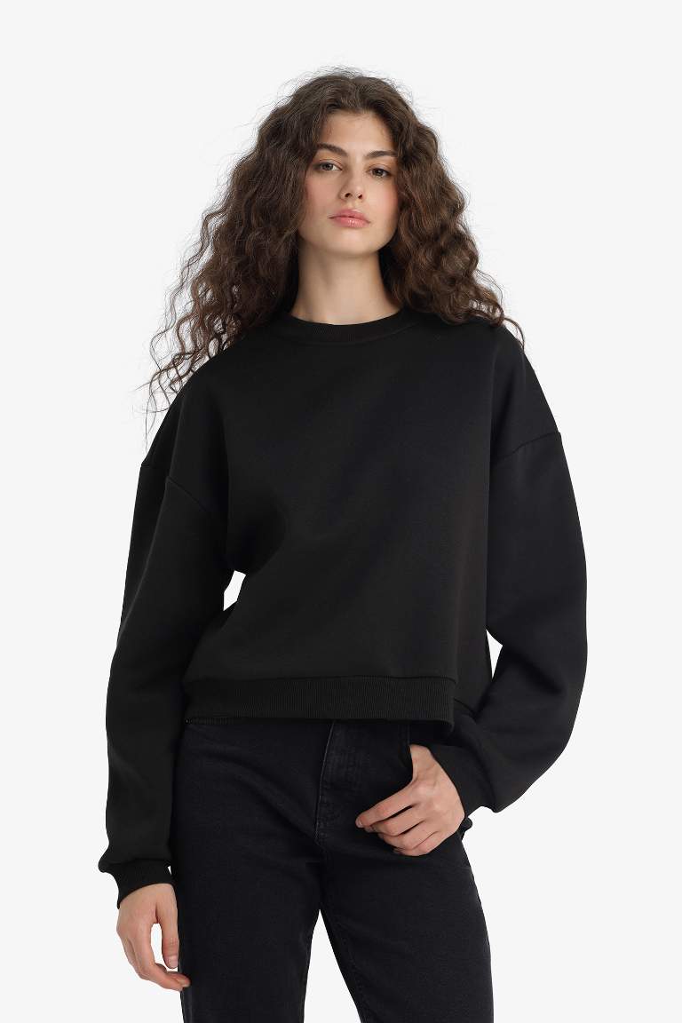 Regular Fit Bisiklet Yaka Kalın Basic Düz Sweatshirt