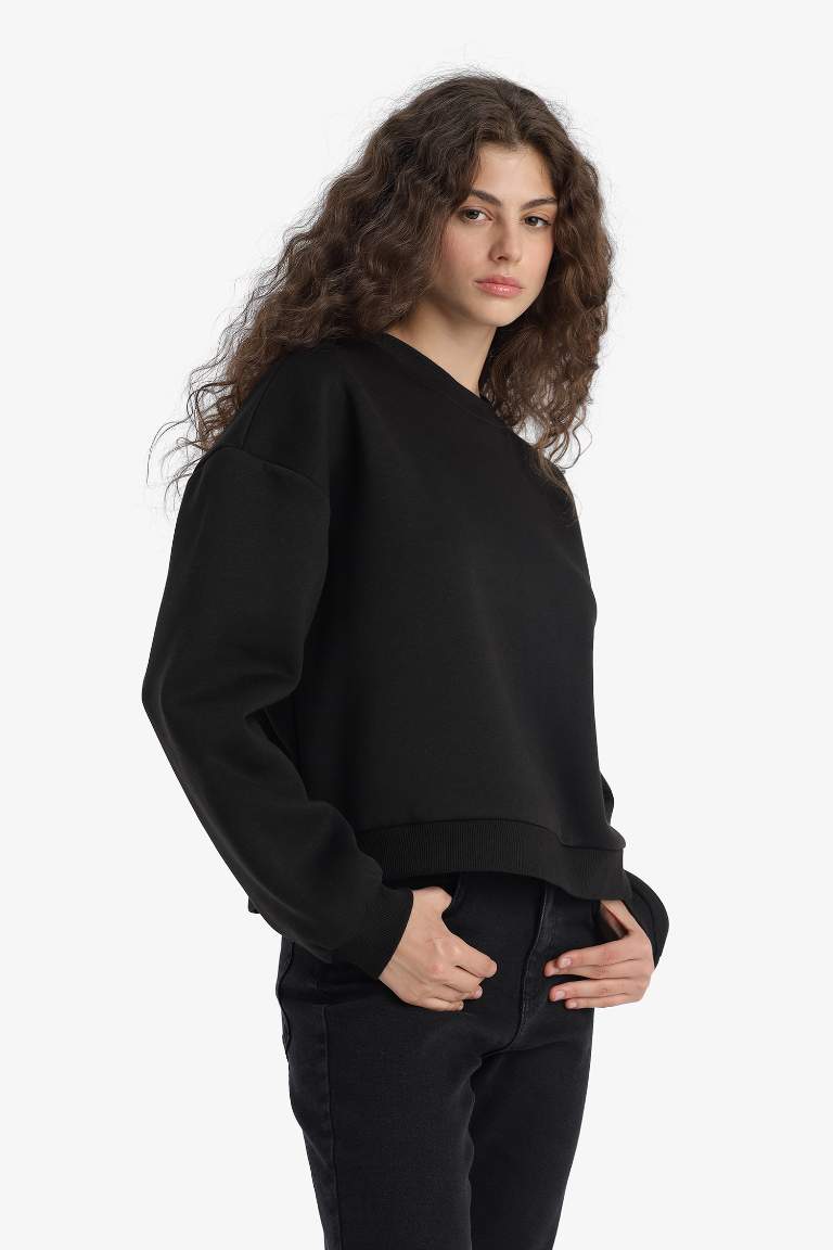 Regular Fit Bisiklet Yaka Kalın Basic Düz Sweatshirt