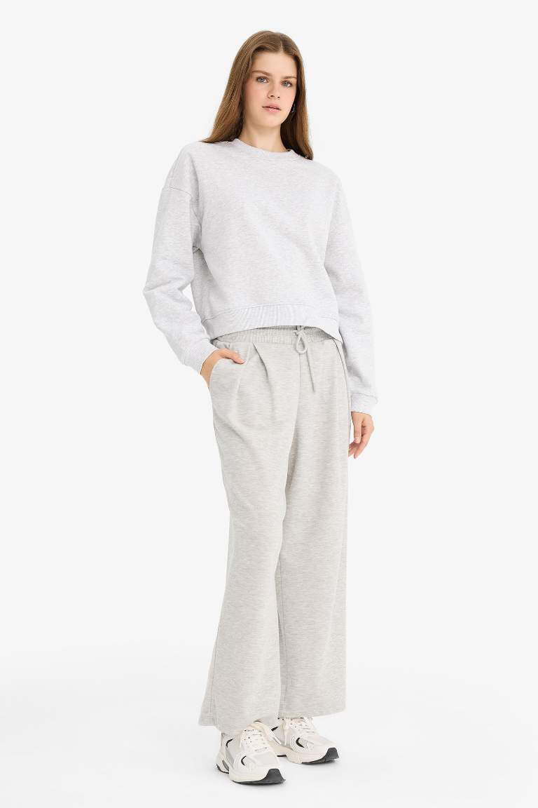 Regular Fit Bisiklet Yaka Kalın Basic Düz Sweatshirt