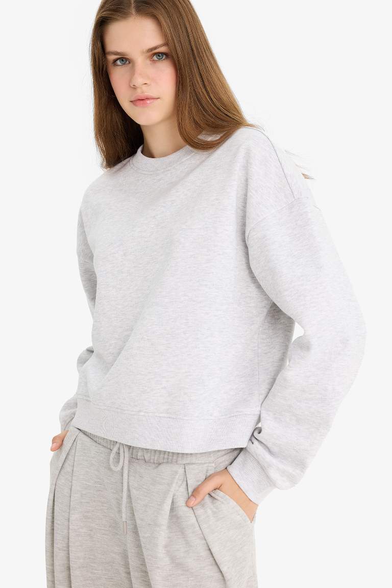 Regular Fit Bisiklet Yaka Kalın Basic Düz Sweatshirt