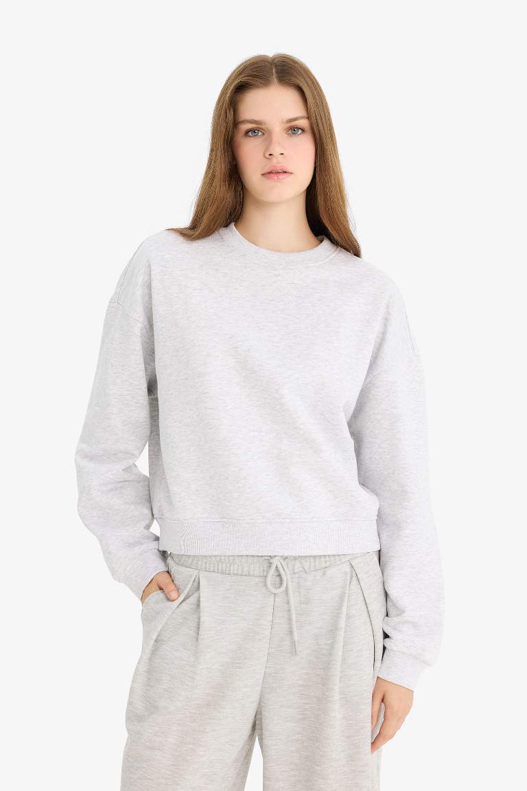 Regular Fit Bisiklet Yaka Kalın Basic Düz Sweatshirt
