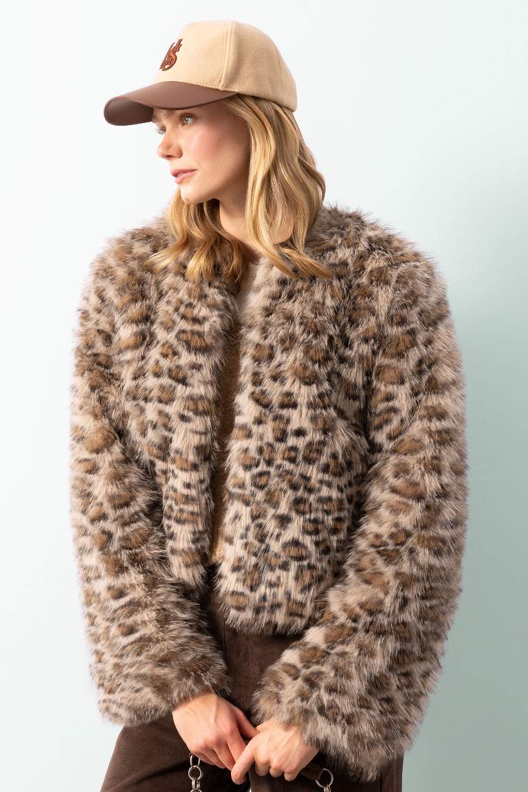 Regular Fit Leopar Desenli Suni Kürk Ceket Mont
