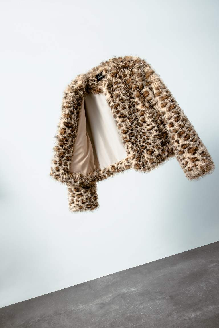Regular Fit Leopar Desenli Suni Kürk Ceket Mont
