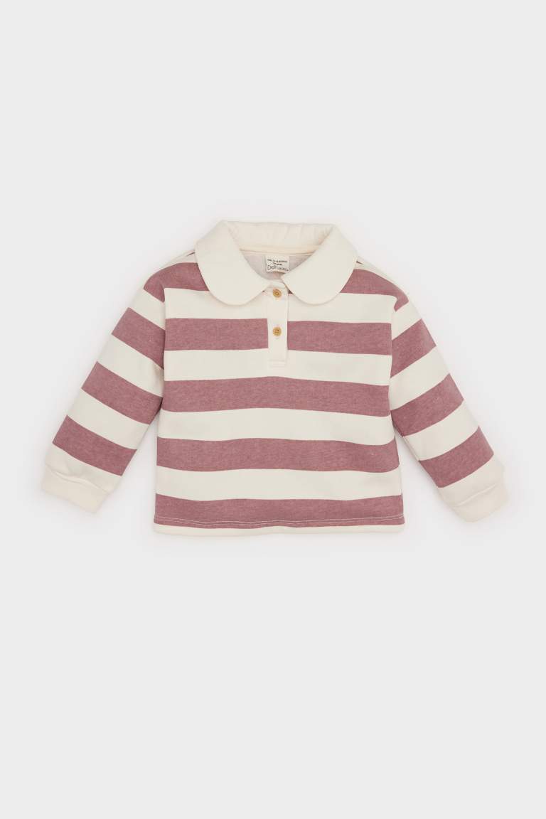 Baby Girl Baby Collar Soft Furry Striped Sweatshirt