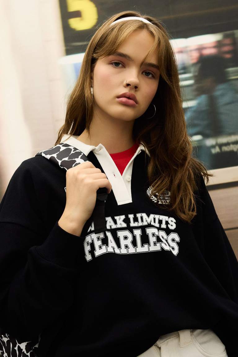 Coool Oversize Geniş Kalıp Polo Yaka Düğmeli Baskılı Siyah Sweatshirt