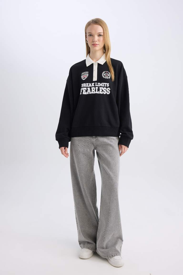 Coool Oversize Geniş Kalıp Polo Yaka Düğmeli Baskılı Siyah Sweatshirt