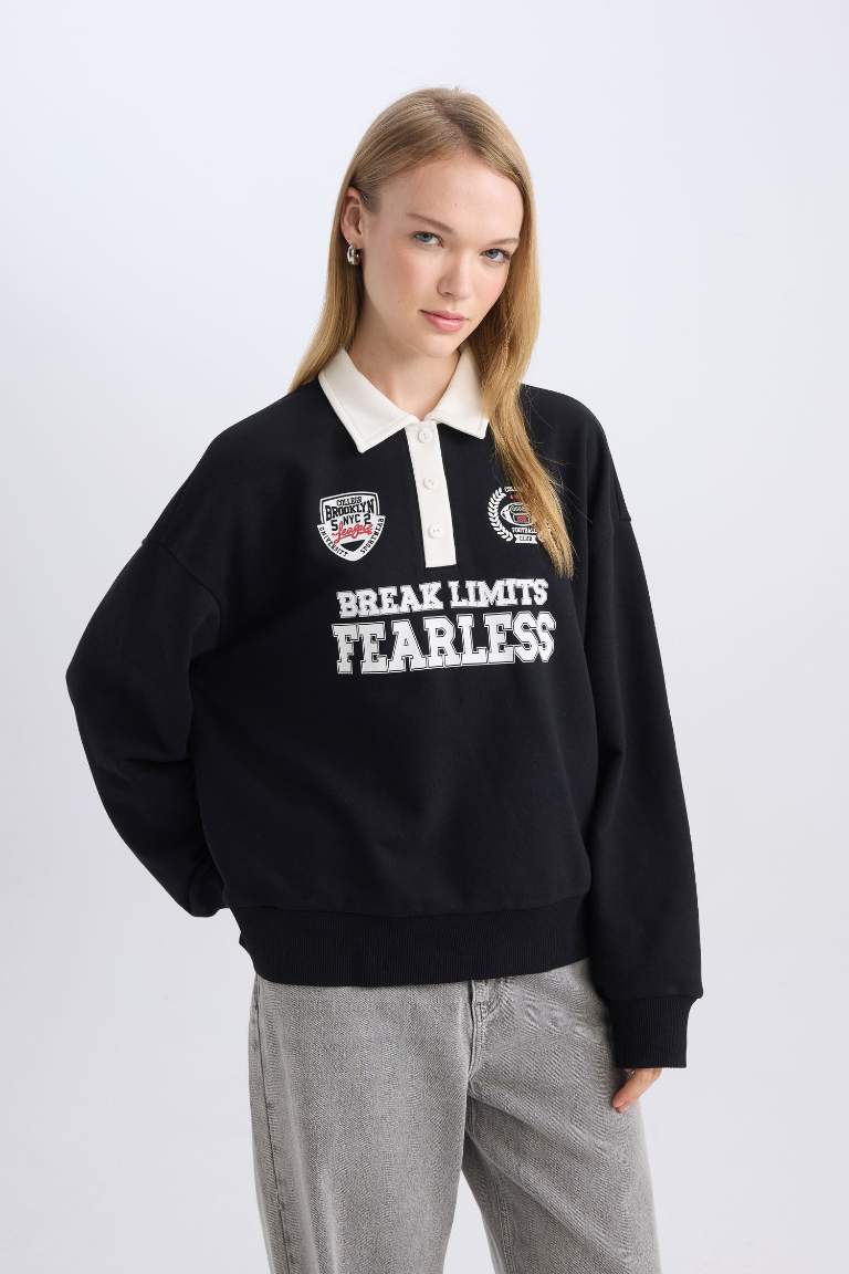 Coool Oversize Geniş Kalıp Polo Yaka Düğmeli Baskılı Siyah Sweatshirt